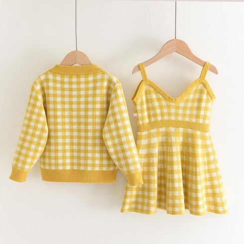 Girl's Knit Plaid Skirt Cardigan Set